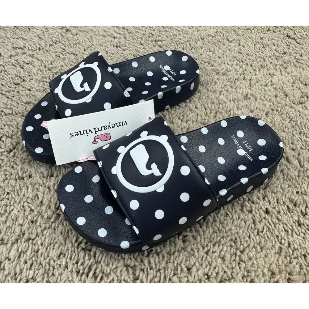 Vineyard Vines Slides Girls 10/11 Navy Polka Dot Whale Logo Poolside Sandal‎ NWT